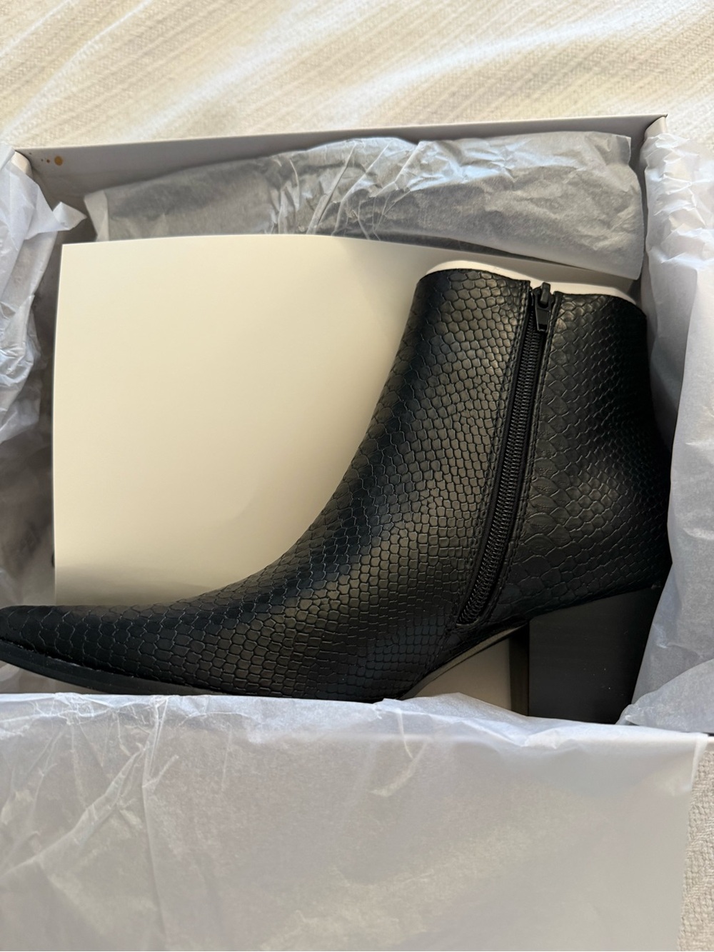 Lulus X Matisse Black Snake-Embossed Side-Zip Pointed Ankle Booties